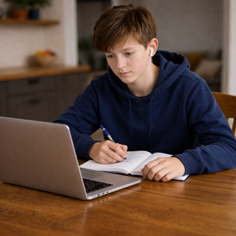 Tiener studeert in een gezellige keuken
