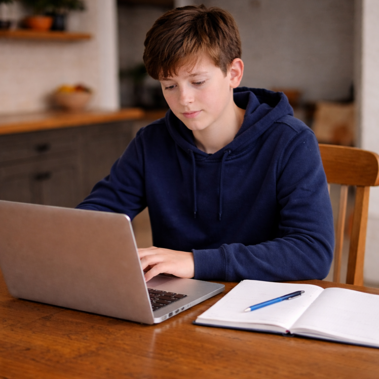 Tiener werkt geconcentreerd op laptop